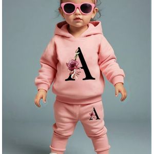 Baby Meisjes Mode Letter A Hoodie + Casual Broek Set, Lente/Herfst Outdoor Sport Tweedelige Set, Perfect voor Buiten