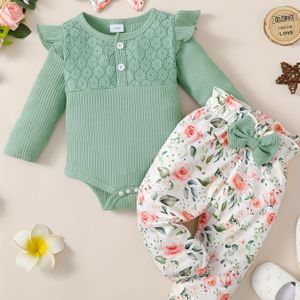 Meisjes Kleur Lange Mouw Top + Bloemenprint Broek + Haarband, Perfect voor Buiten,