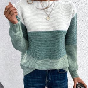 Dames Kleurblok Off-Shoulder Trui - Gezellige Lange Mouw Pullover met Groen, Wit en Blauwe Strepen, Perfect voor Herfst & Winter, Casual Stijl, Herfst Winter Kleding | Kleurblok Trui | Textuur