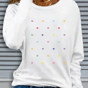 Women's Casual Long Sleeve Crew Neck T-shirt With Colorful Heart Graphic Print - Soft Beige Regular For Fall & Winter, Machine Washable, Ladies T Shirts, Comfortable Texture