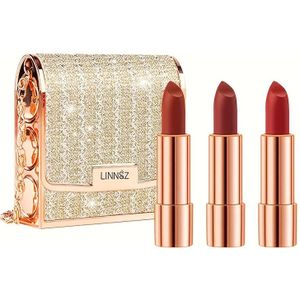 Matte lippenstiftset met fluwelen textuur, langdurig waterdicht en vlekvrij, in een rood kleur met intrekbare applicator en zilveren kettingtasje, een kerstcadeau voor vriendinnen en moeder
