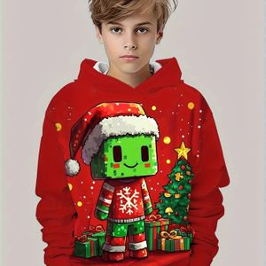 Jongens Groene Kerstman & Rendier Print Capuchon Lange Mouw Shirt - Casual Jas met Zakken voor Buitenspelen, Lente/Herfst Laagjes, Wasmachinebestendig 'Jas met Zakken (Kerstman/Elf/Slee Patronen)