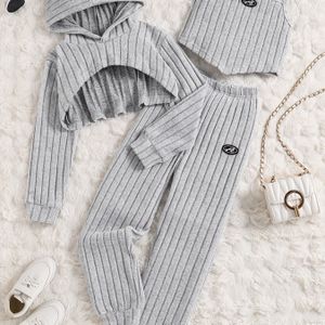 Hot selling Chic Meisjes 3-delige Outfit Set: Elegante Capuchon Lange Mouwen Top, Gebreide Broek & Camisole - Wasmachinebestendig Polyester voor Lente/Herfst