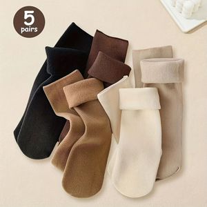 5- Pakket Pluche Thermische Mid-Calf Wintersokken - Dik Geïsoleerde Vloersoks met Zacht Polyester, Knusse Ronde & Meerkleurig (Beige/Zwart