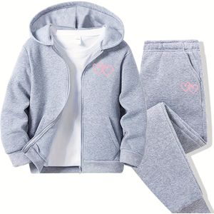 2- Herfst en Winter Meisjes Casual Ritsjack & Joggingbroek Set, Schattig Hartprint Warme Hoodie Sportshirt voor Buiten en Dagelijks Fleece Jack en Broeken, Perfect voor Buitenshuis