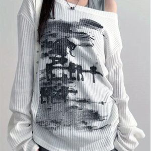 Y2K Koreaanse Mode Dames Oversized Sweatshirt met Geometrische Print - Zwart & Wit Contrast, 100% Polyester, Asymmetrische Zoom, Machinewasbaar, Casual Top voor Alle Seizoenen