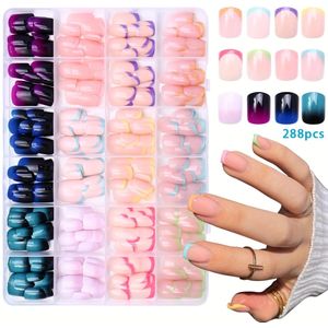 288 stuks Franse stijl press-on nagelset - Korte vierkante kunstnagels met ondoorzichtige & transparante acrylnagelkits, nagels voor vrouwen (dagelijks gebruik, feesten, bruiloften)