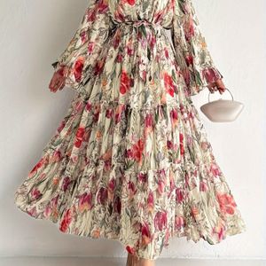 Stijlvolle Kaftan Jurk met Bloemenprint en Lange Mouwen - Casual Polyester Maxi met Tailleband Detail, Machinewasbaar - Perfect voor Alle Seizoenen