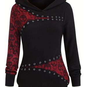 Dames Gothic Retro & Kantachtige Capuchon Trui - Zwart & Wit Color-Block Lange Mouwen met Metalen Oogjes, Slim-Fit Winter Warme Pullover, Wasmachinebestendig voor Casual & Kostuum Outfits