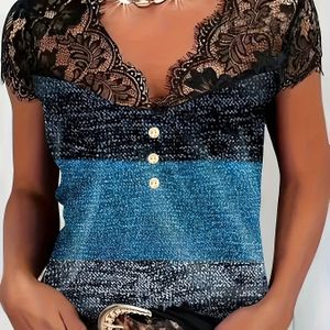 Elegante damesblouse met V-hals en kant met knoopjes - met korte mouwen, zwart-wit , medium stretch stof voor de zomer, dames