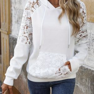 Elegante kant hoodie voor vrouwen, polyestermengweefsel, kleur met contrasterend kantdetail, capuchontrui met lange mouwen, voor alle seizoenen