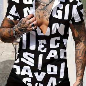 Herenshirt met Casual Letterprint en Korte Mouwen - Zwart, Wit & Grijs Polyester met Knopen en Uniek Schuin Letterontwerp, Machinewasbaar, Perfect voor de Zomerstijl