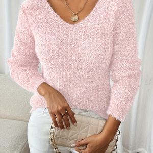 Elegante V-hals Fluffy Lange Mouw Gebreide Trui Voor Dames - Zacht, Stretch, Kleur Pullover Voor Lente/Zomer/Herfst, Veelzijdige Modieuze Top|Trendy Dames Pullover|Chic Gebreide Trui