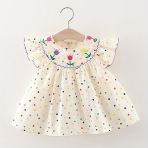 Witte & Blauwe Stippenjurk voor Baby Meisje met Gele Smock Kraag - Korte Mouwen A-Lijn Zomerjurk, Machinewasbaar Eerste Feestoutfit, Speelkleding & Fotoshoot Kostuum