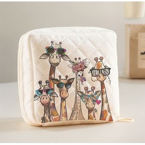 Giraffenfamilie gedrukt raster draagbare capaciteit maandverband opbergtas, geschikt voor koptelefoons en kleine accessoires, met ritssluiting gesloten damesproduct opbergzak