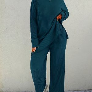 Plus Size, 2025 Nieuwe Mode Geribde Tweedelige Set met Split