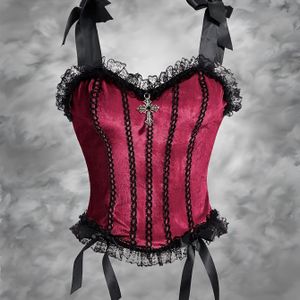 Vrouwen's Gothic Kant Trim Fluwelen Spaghetti Bandjes Kruis Hanger Y2K Buis Top, Polyester Breisel Stof, met Strik Detail, voor