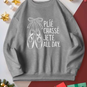Women's Ballet Graphic Print Crew Neck Sweatshirt - With White Ballet Shoes & French Text Design, Casual Fall & Spring Pullover, Machine Washable Non-stretch Top