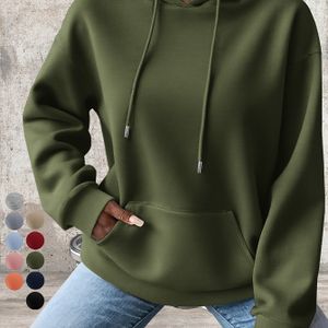 Olive groene hoodie voor dames - Casual lange mouw pullover met kangoeroe zak, losse pasvorm, kleur, herfst/wintermode, gezellige herfstkleding | Ontspannen pasvorm hoodie | Glad textuur stof