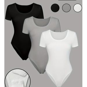 Stevige Bodysuit Met Ronde Hals, 3 Stuks, Casual Slanke Bodysuit Met Korte Mouwen, Dameskleding