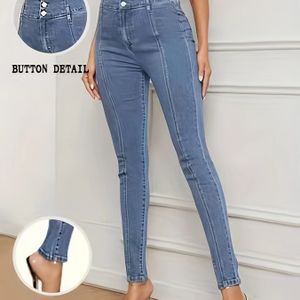 Vrouwen High-Waisted Street Style Geometrisch Rayon Viscose Skinny Jeans met Knopen Voorzijde