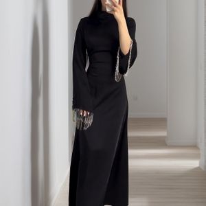 Elegante Grijs Arabische Jurk met Kantelen - Lange Mouw, Kleur, Kantelen, Middellange, Polyester, Lente/Zomer/Herfst Damesmode