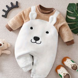 Schattige Cartoon Beer Fleece Romper voor Kinderen - Gezellige Lange Mouwen Onesie met Nep Bretels, Perfect voor Herfst/Winter, Perfect voor Buiten