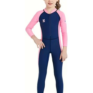 Meisjes Badpak, Conservatief Badpak Met Lange Mouwen En Broek In Contrasterende Kleur, Meisjes Badpak Met Rits