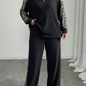 Plus Size, Dames Tweedelige Set: Elegante Casual Kleur Rits Top en Broek Outfit