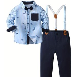 Jongens' -Thema Herenoutfit - Gestreept Overhemd met Lange Mouwen, Strik & Bretelbroek Set, Machinewasbaar - Perfect voor Optredens, Perfect voor Buiten