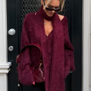 Elegante Dames Trui - Zachte Lange Mouwen Cardigan voor Herfst en Winter, Rode Gezellige met Sjaal Set Perfect Kantoorfeest & Casual Date Outfit