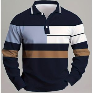 Heren Zware 230gsm Tweekleurige Color-Block Shirt Trui Jasachtig Lange Mouwen Knoopsluiting - Marine/Beige//Wit Gestreept Casual Winterkantoorkleding, Wasmachinebestendiger Herfstwintertrui