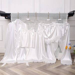 Vijfdelige Set Dames Kleur Kant Contrast Patchwork Nachtjurk Lange Broek Shorts en Rok Thuis Kleding