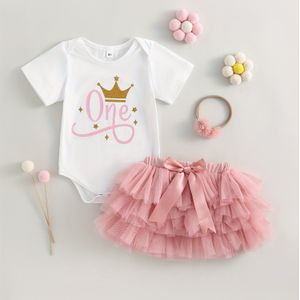Zomer Set voor Peuter Meisje: Witte Korte Mouw Bodysuit met Kroonprint + Roze Tule Rokje + Haarband, Ideaal voor Buiten