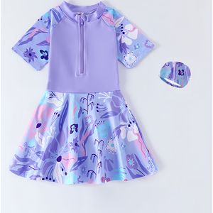 Eendelig badpak voor meisjes met korte mouwen en rokje, geschikt voor zwembad, vakantie en strand. Meisjes zwemkleding