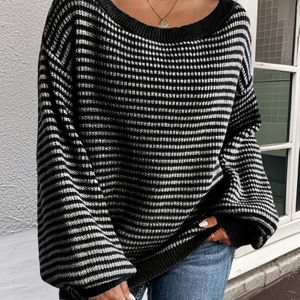 Dames Casual Off-Shoulder Sweater - Beige & Witte Gestreepte Drop Shoulder Pullover, Lange Mouw, Losse Pasvorm voor Herfst/Winter, Damesmode Sweater