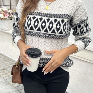 Geo Ronde Hals Trui, Kabel Gebreide Elegante Lange Mouw Trui Voor Herfst & Winter, Vrouwenkleding
