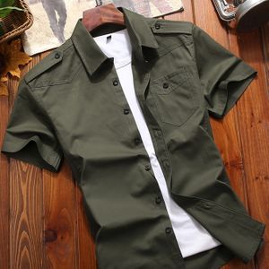 Herren Casual Cargo Shirt met Zakken - Korte Mouwen, Knopen, Olijfgroen, Flapzakken, Lichtgewicht & Ademend voor Informele Kleding