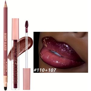 2-delige Glitter Metallic Shimmer Lippenstift en Lipliner Set voor Vrouwen – Langhoudend, Waterbestendig, Glinsterende Lipgloss en Make-up Set