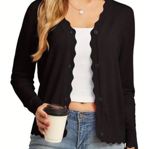 Elegante V-hals lange mouwen cardigan voor dames - geribd, knopen op de voorkant, voor lente/zomer, kleur, modieus casual top, casual elegante top | V-hals top | knopen voordeur cardigan
