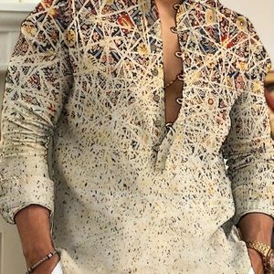 Stijlvolle Heren Casual Overhemd met Kleurblokken en Strepen - Lange Mouwen, Knoopsluiting met Opstaande Kraag, 100% Polyester, Machinewasbaar - Perfect voor Dagelijks Gebruik & Vrije Tijd