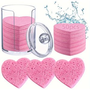 50-Pack Hartvormige Gecomprimeerde Gezichtssponzen met Houder - Hypoallergeen, Alcoholvrij, Parfumvrij, Herbruikbaar voor Alle Huidtypen - Natuurlijke Cellulose & Make-up Remover