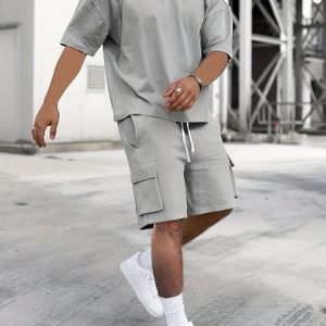 Ademende Stof Heren Beige Casual Sportkleding Set - Polyester Ronde Hals T-Shirt & Shorts met Trekkoord en Zakken, Machinewasbaar, Zomercomfort