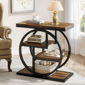 4-tier Narrow Side Table With Storage Shelves, Wood Small Sofa Side Table With Geometric Metal Frame, Industrial Bedside Table For Bedroom, Living Room, Rustic Brown