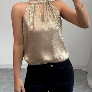 Elegante mouwloze haltertop met lichtgouden sequins voor dames - Gouden, met knopen, casual zomertop voor de lente/zomer vakantie, casual kleding|Top met sequins|Halterhals