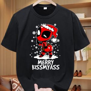 MARVEL Deadpool Kerst Grappige Crewneck T-Shirt voor Mannen - Witte Korte Mouw Graphic Tee met "Merry Kissmyass" Ontwerp, Ademend Regular Fit Casual Shirt voor Feestjes, Outdoor Mode & Cadeaus