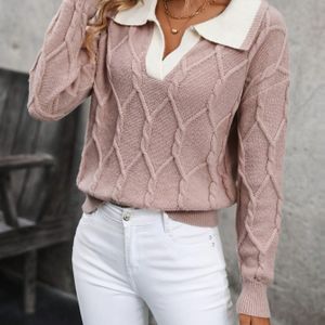 Collared , Elegante trui met lange mouwen en kabelmotief voor herfst en winter, dameskleding.