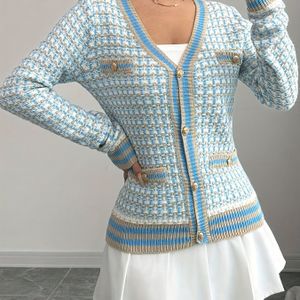 Plus Size - Plus Size Dames Elegante Kleurblok Cardigan - V-hals Lange Mouw met Zakken, Voorknop Voorkant, Lichtblauw & Wit, Casual Herfst/Winter Buitenkleding, Gezellige Cardigan