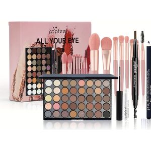 POPFEEL 40-kleuren Oogschaduwpalet, Mascara, Eyeliner, Wenkbrauwpotlood, 8 Oogschaduwkwast Combinatieset voor Beginners, Grensoverschrijdende Make-up