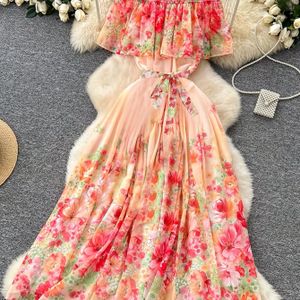 Stijlvolle Off-Shoulder Maxi Jurk met Bloemenprint - Lichtgewicht Zomer Strandjurk met Riem, Lange Vloeiende Rok en Gerimpelde Mouwen voor Vrouwen, Strandjurken